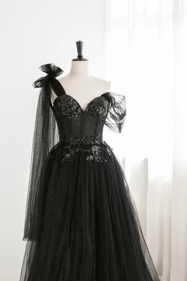 Black Tulle Sequins Long Prom Dress Black One Shoulder Evening Dress