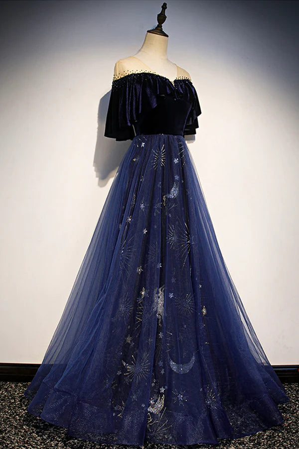 Blue Velvet Tulle Long Prom Dress A-Line Blue Evening Party Dress