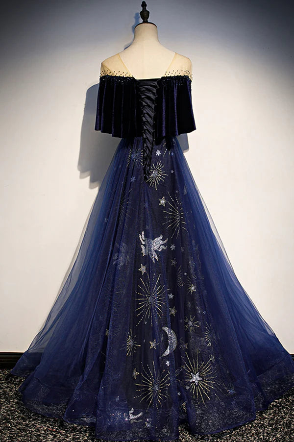 Blue Velvet Tulle Long Prom Dress A-Line Blue Evening Party Dress