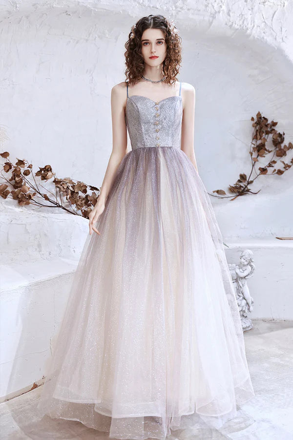 Cute Tulle Long A-Line Prom Dress Spaghetti Straps Evening Party Dress