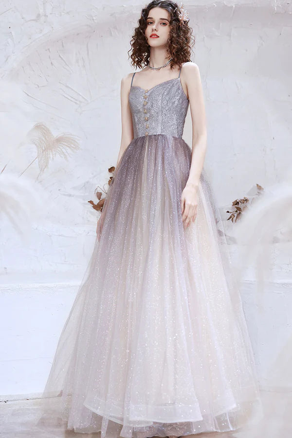 Cute Tulle Long A-Line Prom Dress Spaghetti Straps Evening Party Dress