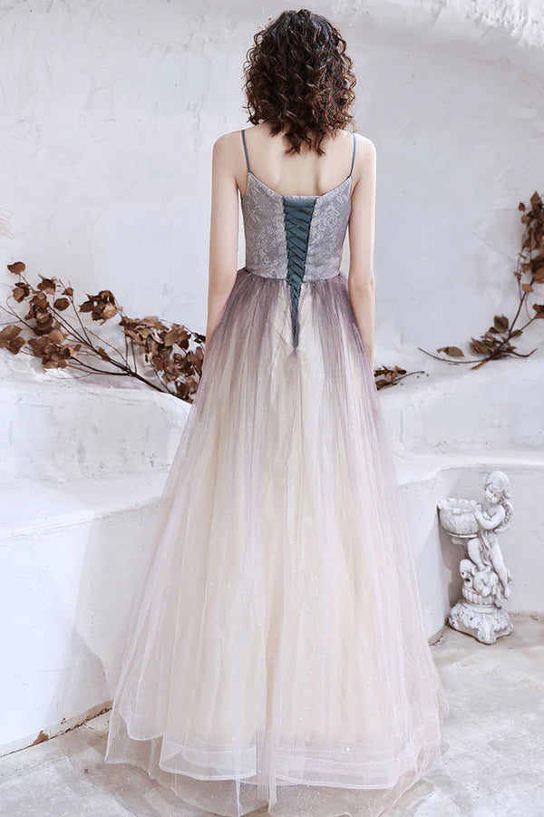 Cute Tulle Long A-Line Prom Dress Spaghetti Straps Evening Party Dress