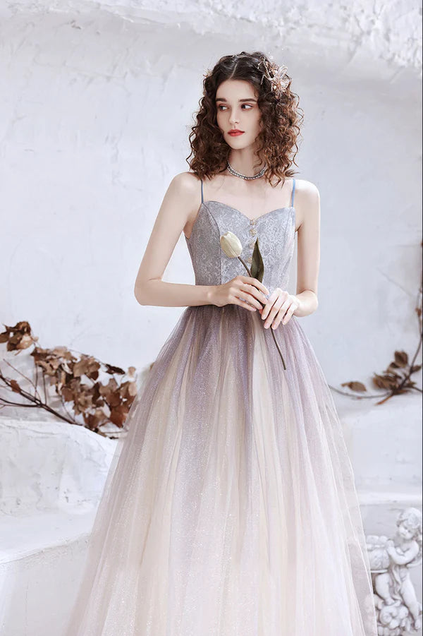 Cute Tulle Long A-Line Prom Dress Spaghetti Straps Evening Party Dress