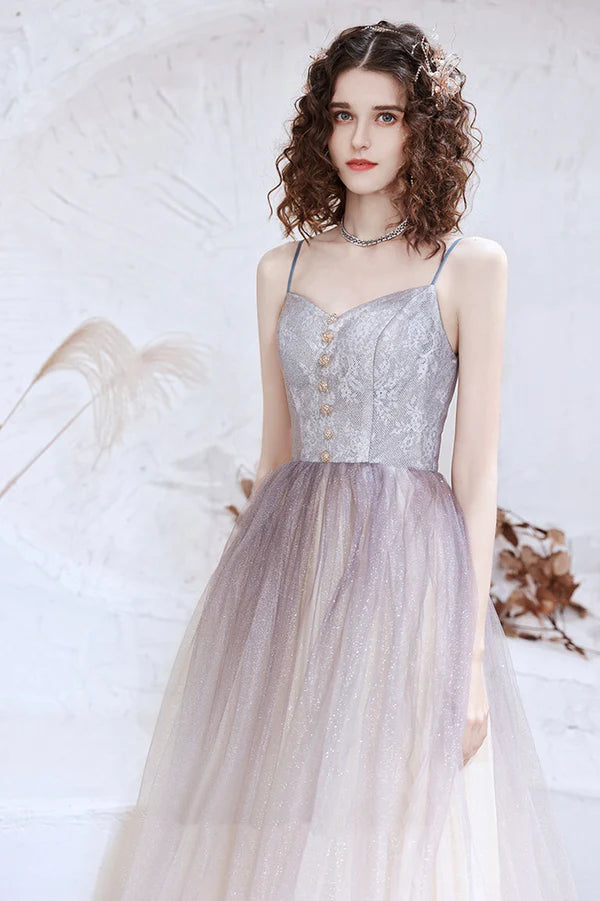 Cute Tulle Long A-Line Prom Dress Spaghetti Straps Evening Party Dress