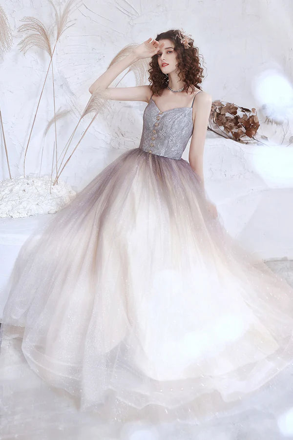 Cute Tulle Long A-Line Prom Dress Spaghetti Straps Evening Party Dress