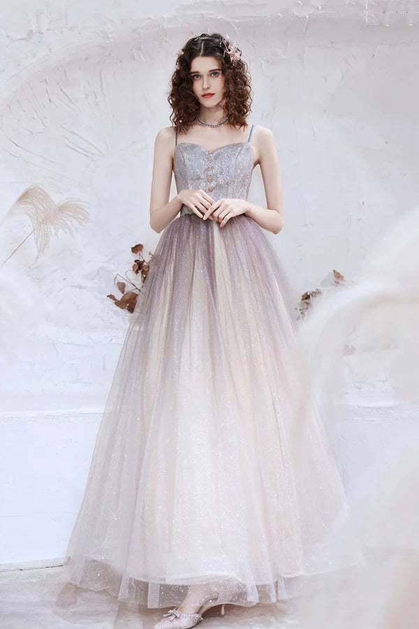 Cute Tulle Long A-Line Prom Dress Spaghetti Straps Evening Party Dress