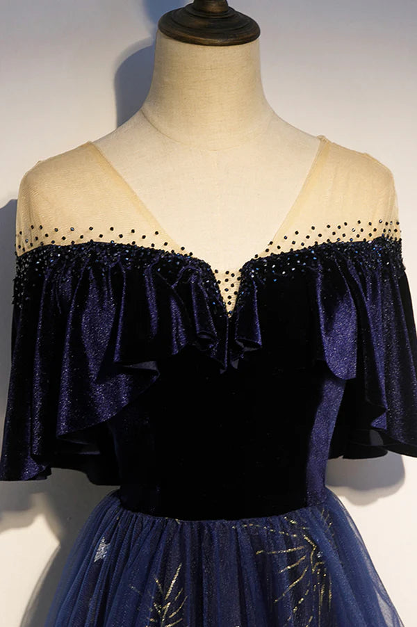 Blue Velvet Tulle Long Prom Dress A-Line Blue Evening Party Dress