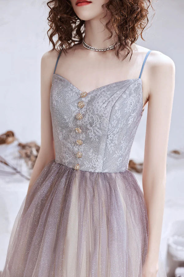 Cute Tulle Long A-Line Prom Dress Spaghetti Straps Evening Party Dress