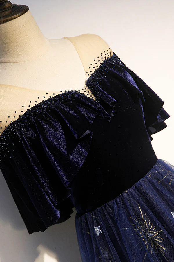 Blue Velvet Tulle Long Prom Dress A-Line Blue Evening Party Dress