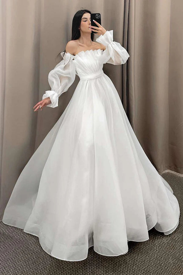 Buyishang White Off the Shoulder Pleated A-Line Long Wedding Dress with Sleeves