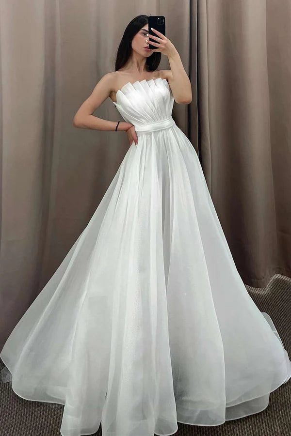 Buyishang White Off the Shoulder Pleated A-Line Long Wedding Dress with Sleeves