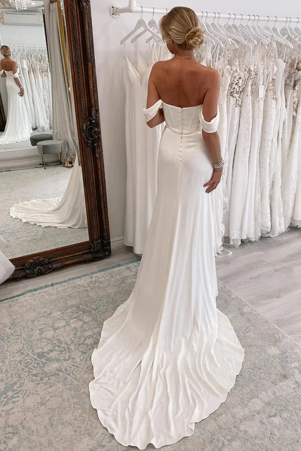 Buyishang Simple White Long Boho Mermaid Wedding Dress with Slit