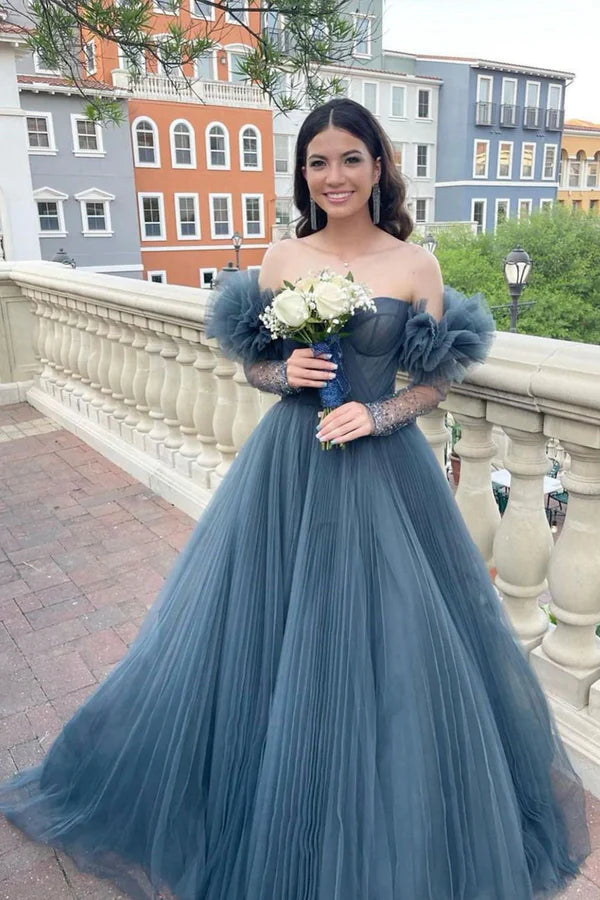 Blue Tulle Long Sleeve Prom Dress A-Line Off the Shoulder Evening Dress