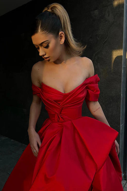 Ball Gown Off the Shoulder Short Sleeves Red Long Prom Formal Gowns