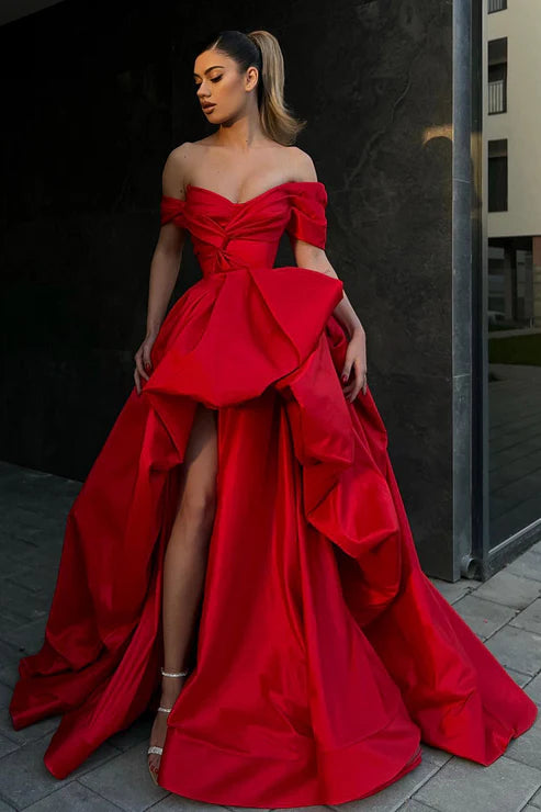 Ball Gown Off the Shoulder Short Sleeves Red Long Prom Formal Gowns