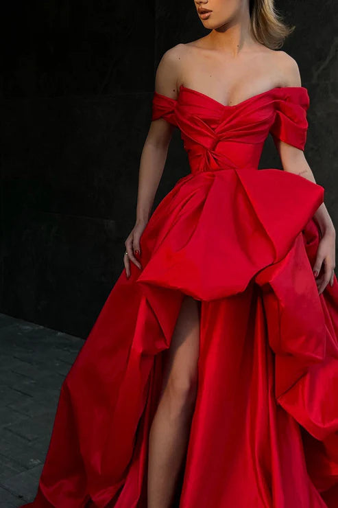 Ball Gown Off the Shoulder Short Sleeves Red Long Prom Formal Gowns