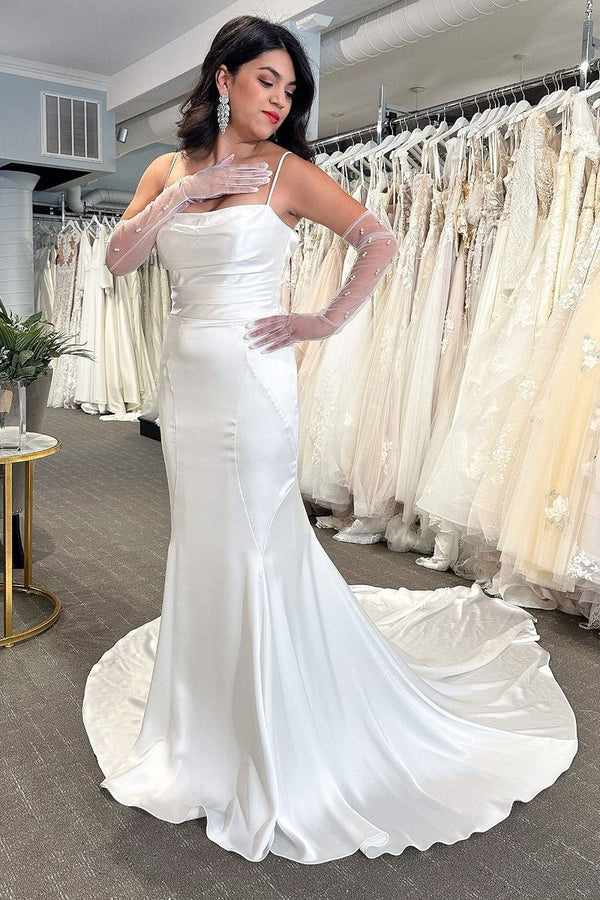 Buyishang Mermaid White Cowl Neck Silk Satin Wedding Dresses