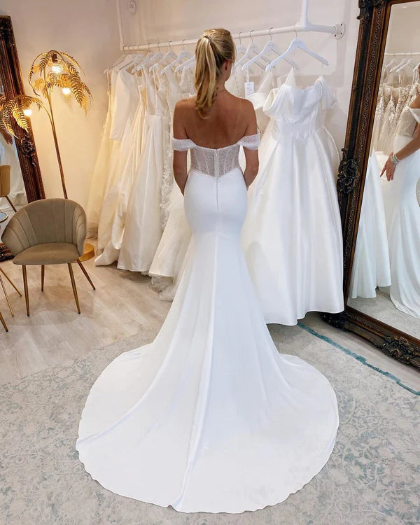 Buyishang Charming Mermaid Off the Shoulder Satin Long Wedding Dresses with Sequins