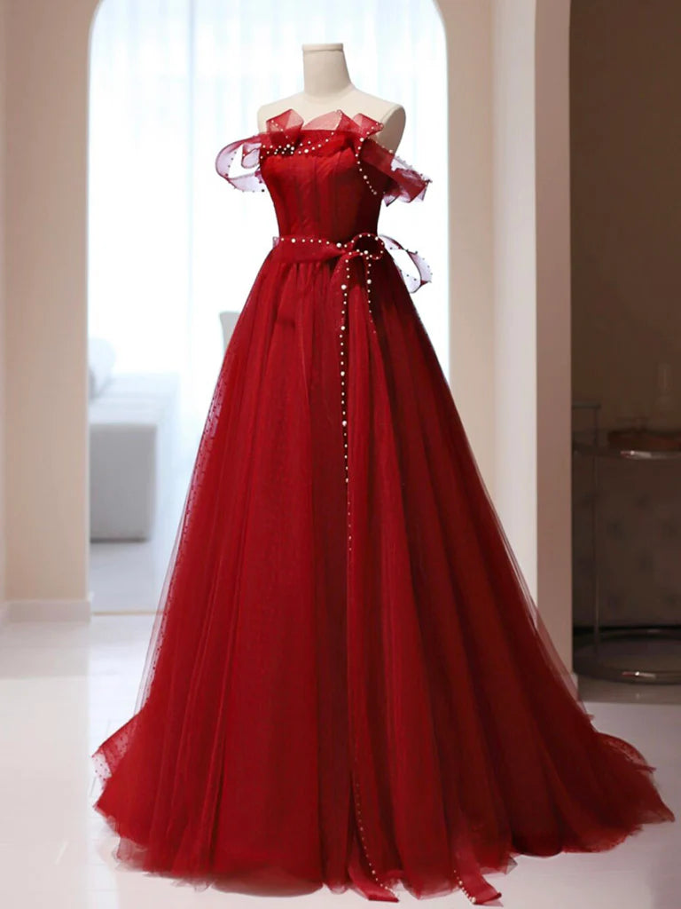 Buyishang Burgundy A-Line Tulle Long Prom Dress Burgundy Tulle Formal Dress