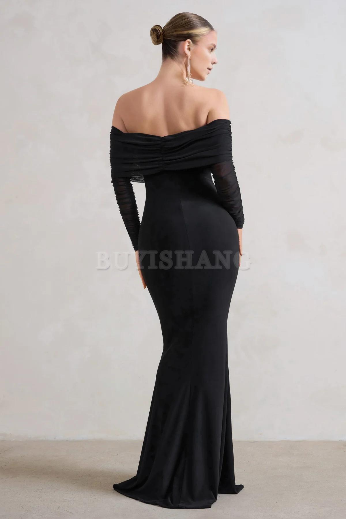 Buyishang Elegant fishtail dress with Bardot mesh long sleeves simple and fashionable stores with prom dresses