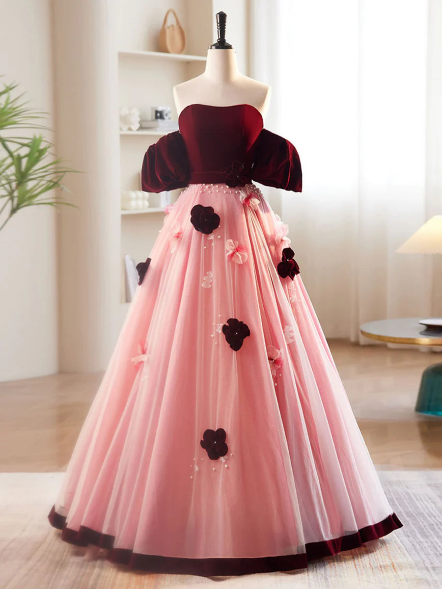 Buyishang A-Line Burgundy/Pink Tulle Velvet Long Prom Dress Burgundy Formal Dress