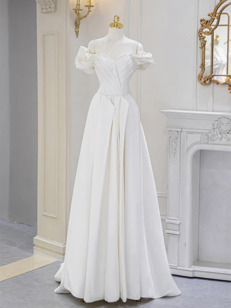 Buyishang A-Line Off Shoulder Satin ivory Long Prom Dress Ivory Long Bridesmaid Dress