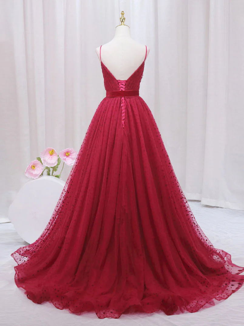 Buyishang A-Line V Neck Tulle Burgundy Long Prom Dress Burgundy Formal Dresses
