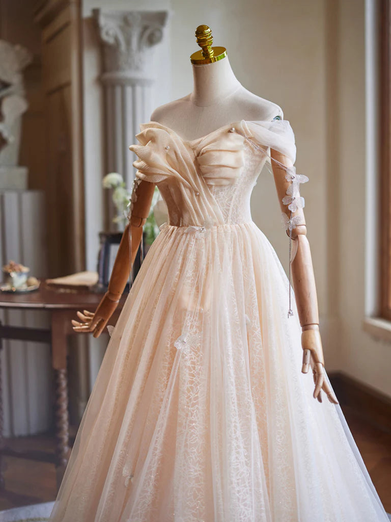 Buyishang A-Line Off Shoulder Tulle Beads Champagne Long Prom Dress