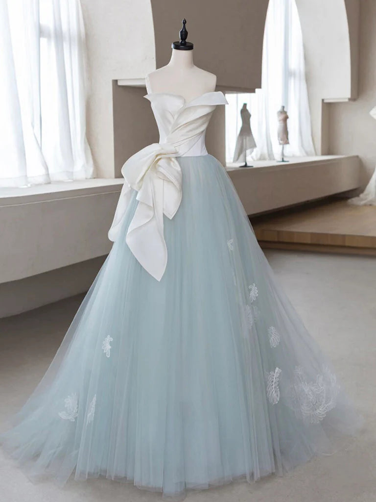 Buyishang A-Line Blue Tulle Lace Applique Long Prom Dress Blue Long Formal Dress