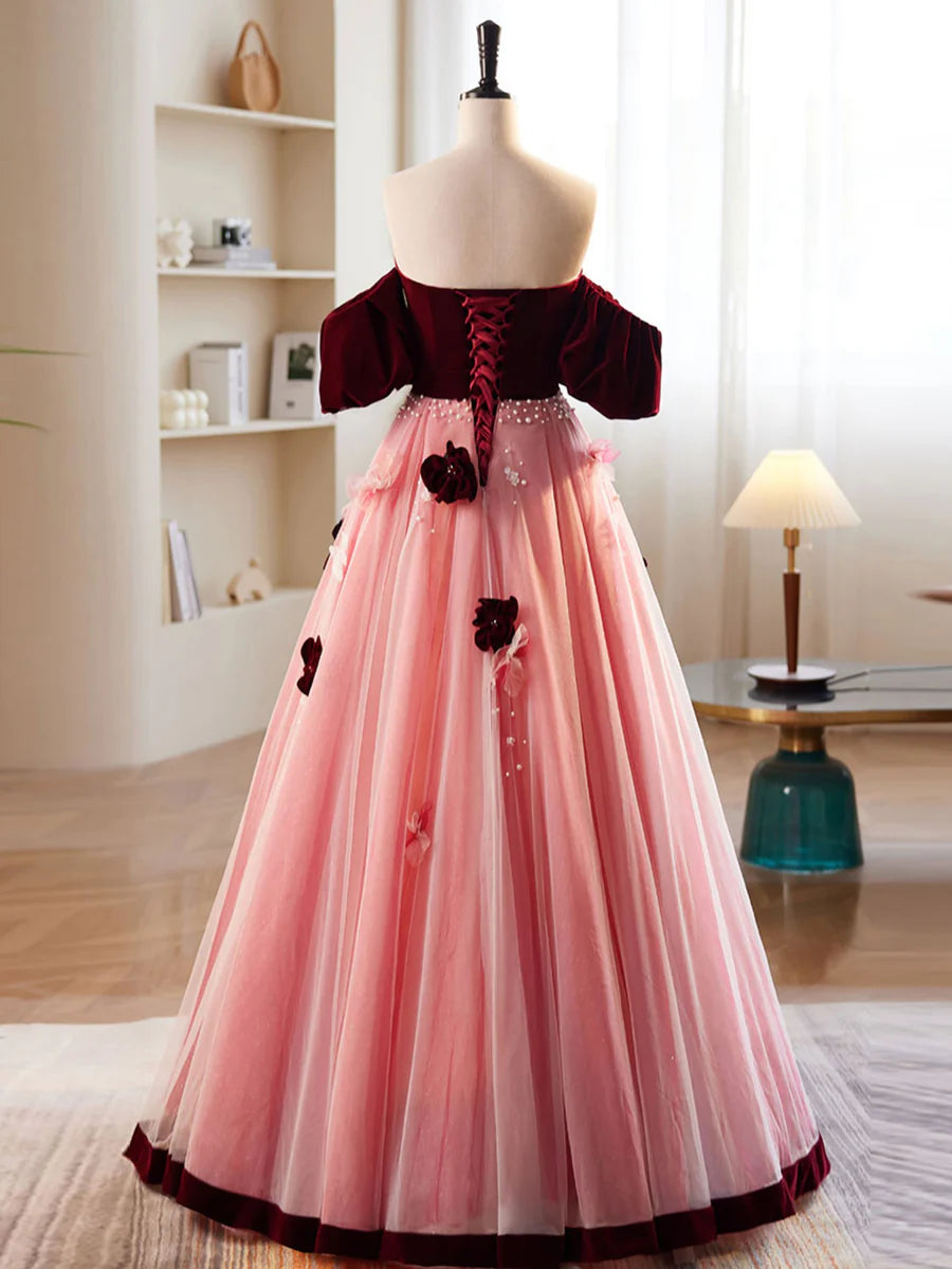Buyishang A-Line Burgundy/Pink Tulle Velvet Long Prom Dress Burgundy Formal Dress