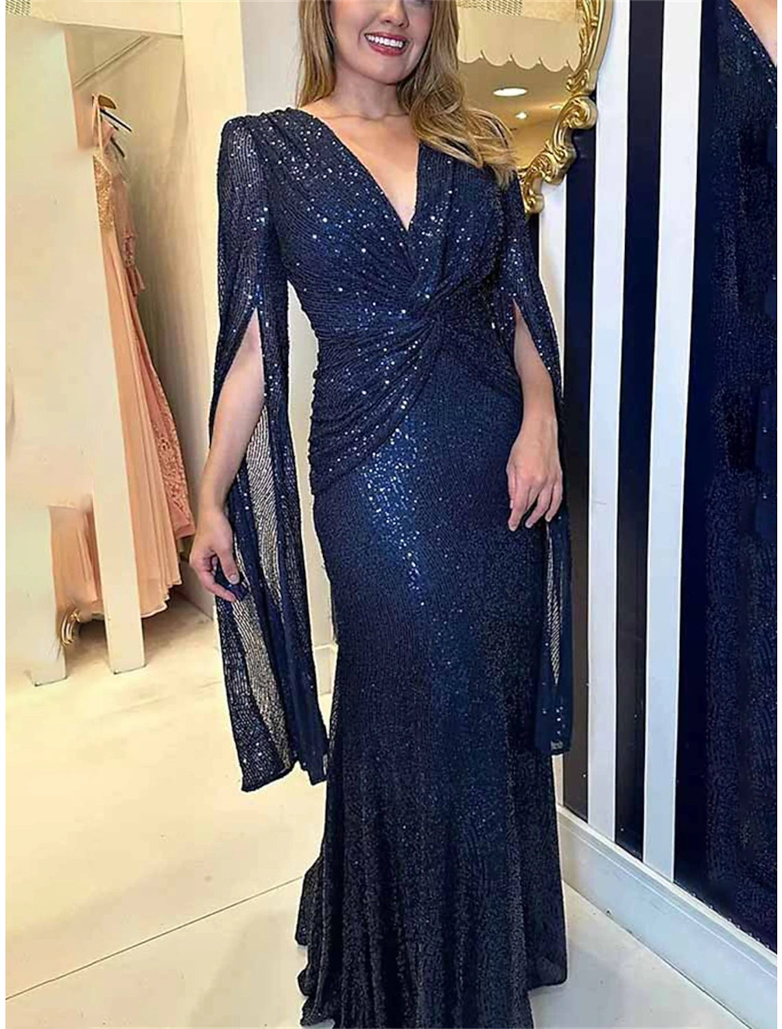 Women's Sparkly Gold Christmas Party Dress Sequin Dress Prom Dress Party Dress Long Dress Champagne Red Green Long Sleeve Sequins V Neck Fashion Winter Dress