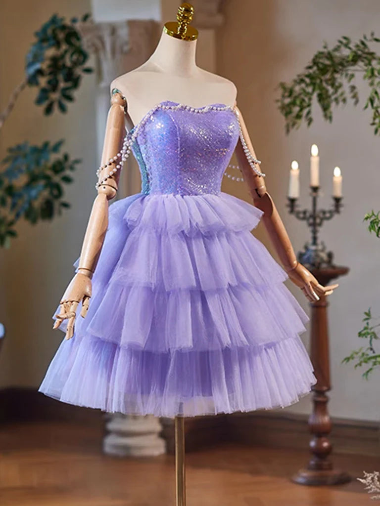 Buyishang A-Line Tulle Sequin Purple Short Prom Dress Purple Homecoming Dress