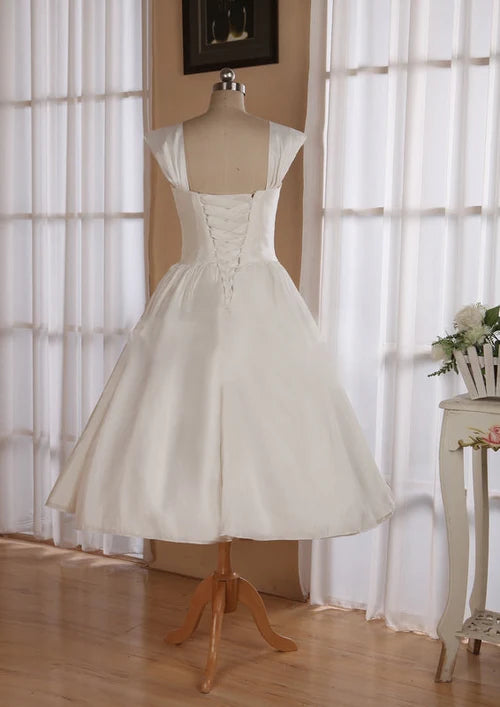 Buyishang Straps Sleeveless Lace-Up Back Tea-Length Satin Wedding Dress