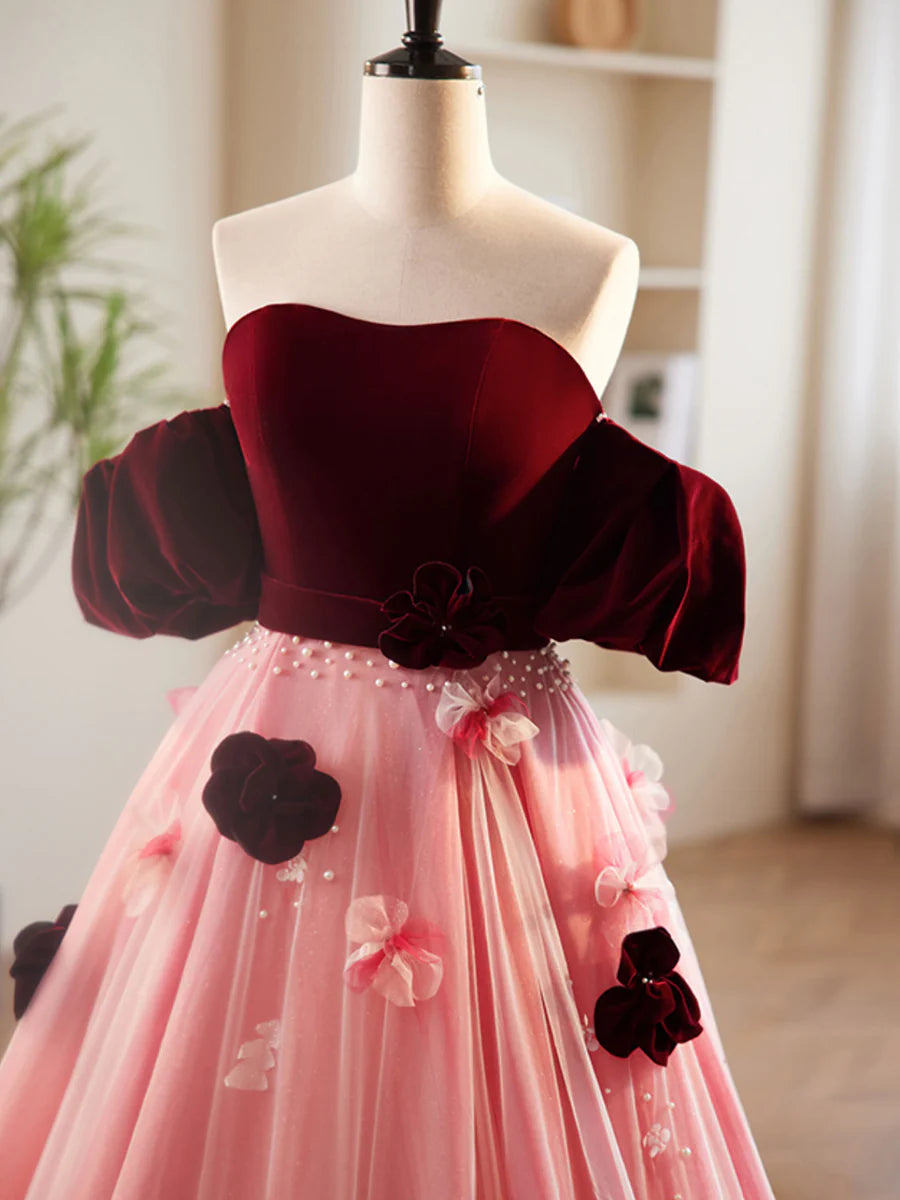 Buyishang A-Line Burgundy/Pink Tulle Velvet Long Prom Dress Burgundy Formal Dress