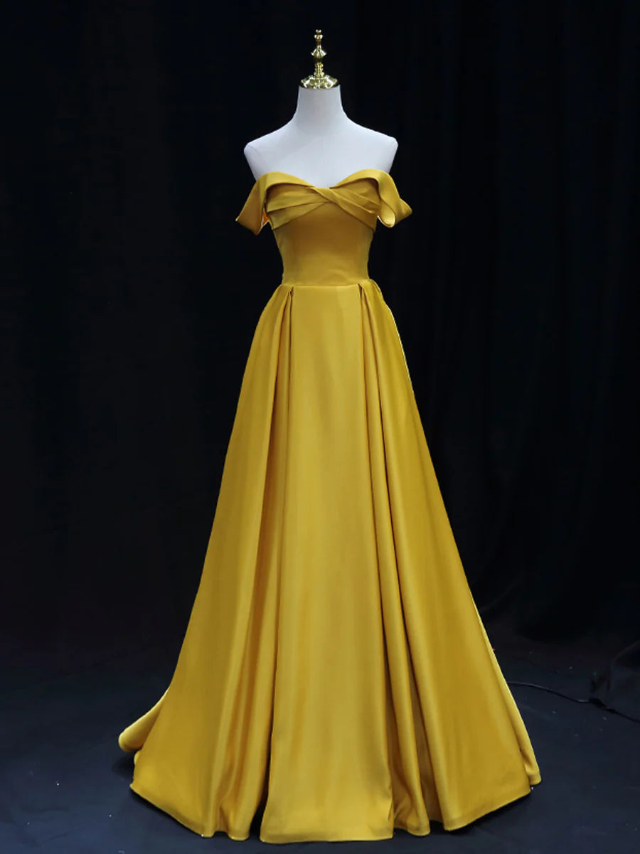 Buyishang Simple Off Shoulder Yellow Satin Long Prom Dress Yellow Formal Evening Dress