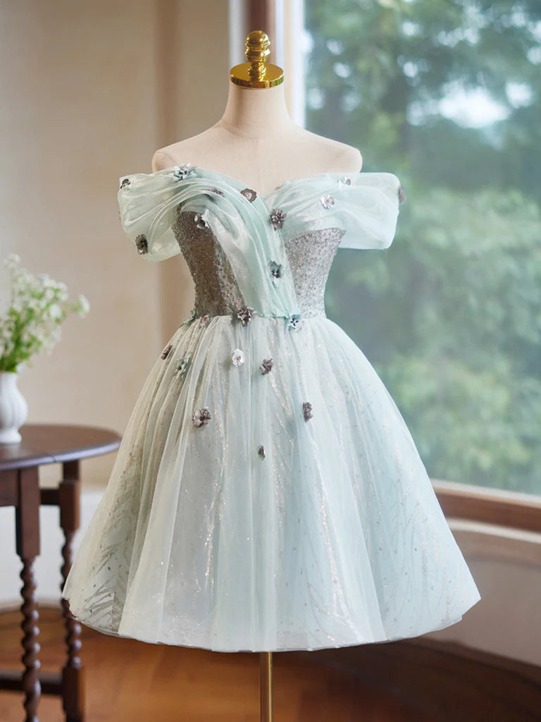Buyishang A-Line Off Shoulder Tulle Short Prom Dress Green Homecoming Dress