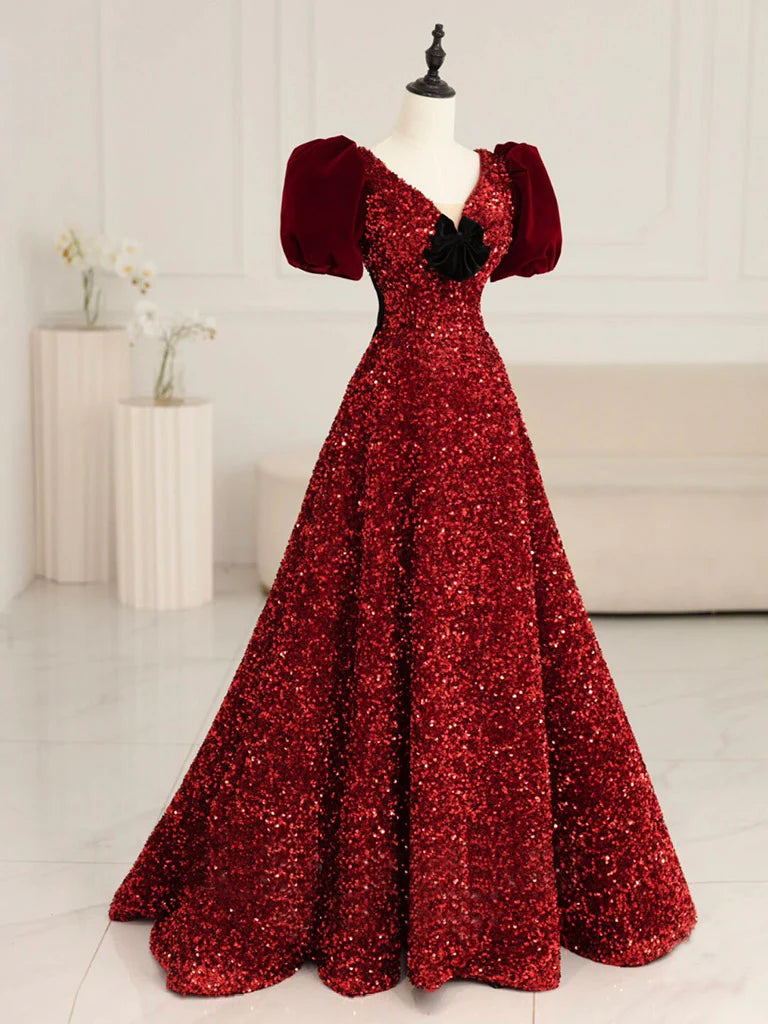 Buyishang Burgundy V Neck Sequin Long Prom Dress Burgundy Evening Dress