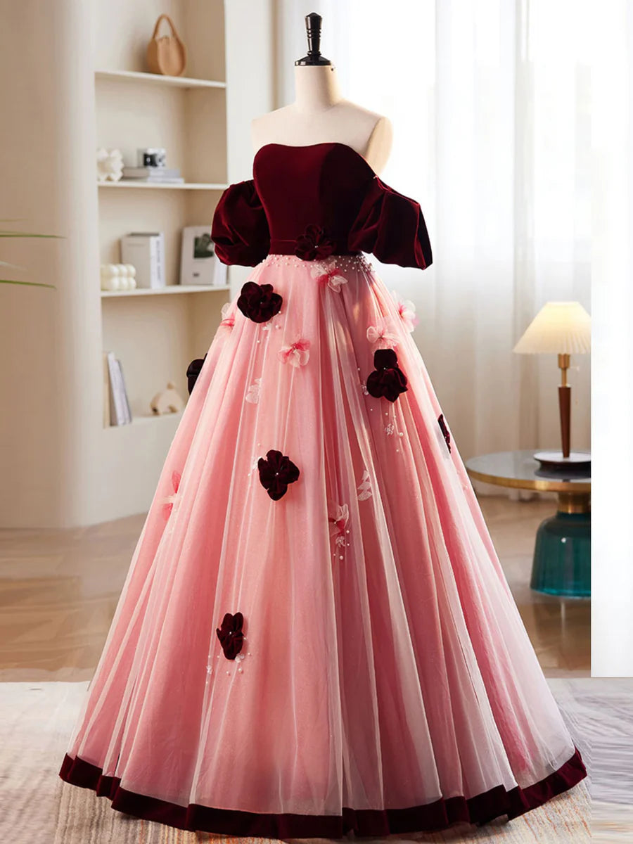 Buyishang A-Line Burgundy/Pink Tulle Velvet Long Prom Dress Burgundy Formal Dress