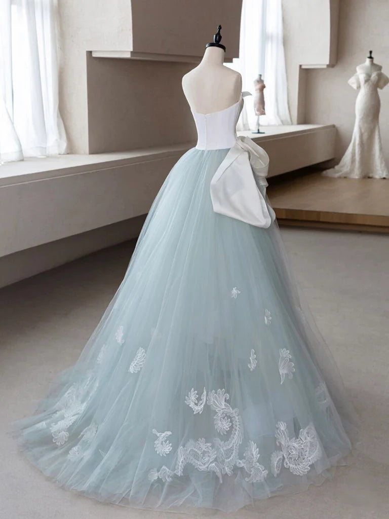 Buyishang A-Line Blue Tulle Lace Applique Long Prom Dress Blue Long Formal Dress