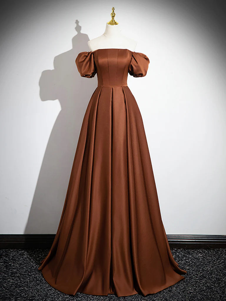 Buyishang Brown A-Line Satin Long Prom Dress Brown Long Formal Dress