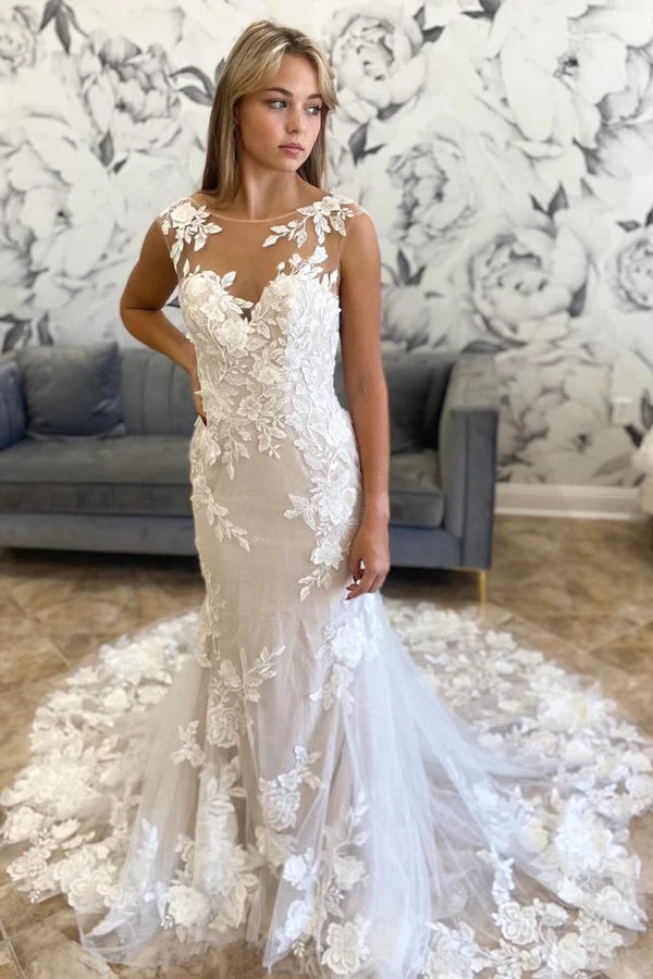 Buyishang White Illusion Neck Appliques Mermaid Long Wedding Dress