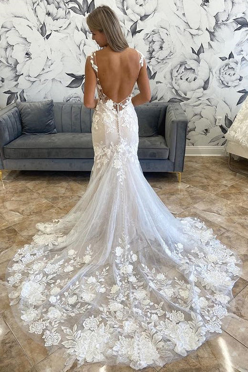 Buyishang White Illusion Neck Appliques Mermaid Long Wedding Dress