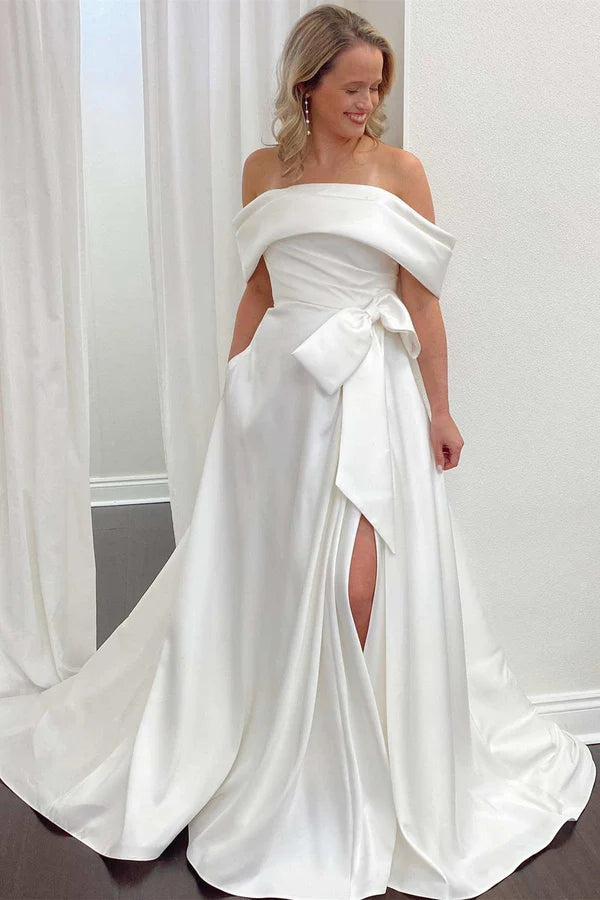 Buyishang White Satin Off-the-Shoulder Bow A-Line Wedding Dress with Slit