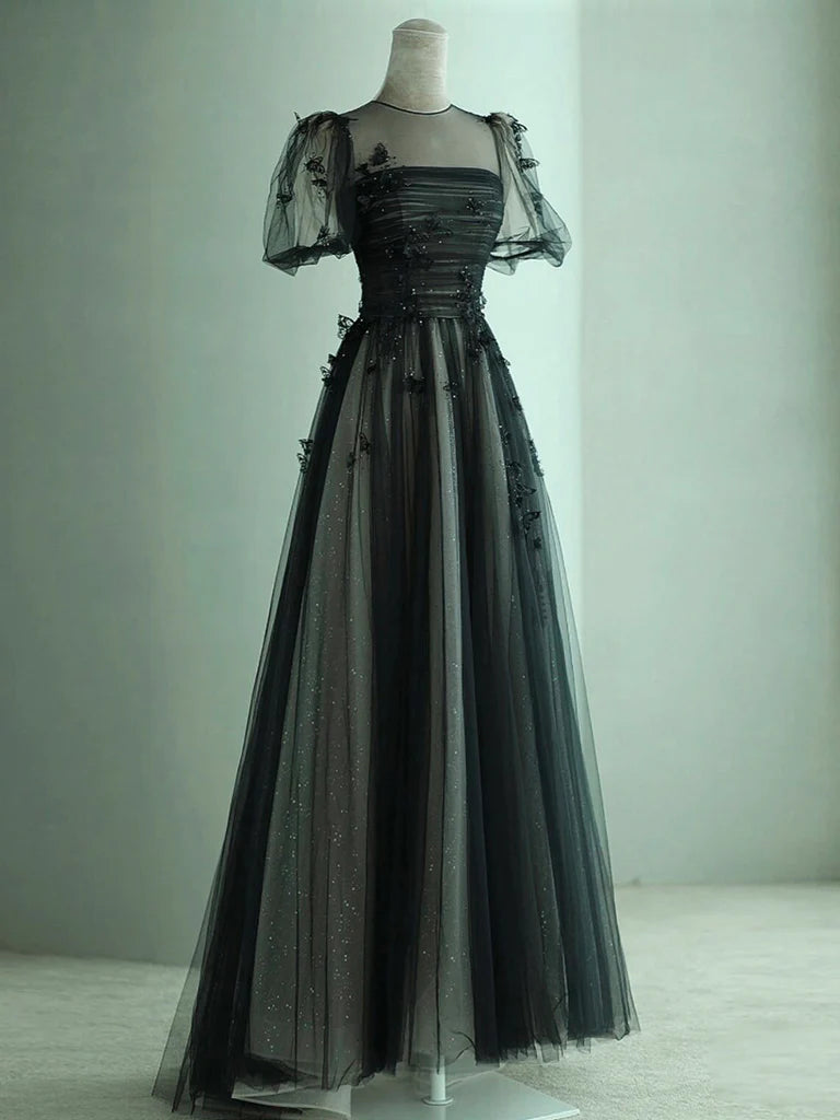 Buyishang A-Line Black Puff Sleeves Tulle Long Prom Dress Black Formal Evening Dress