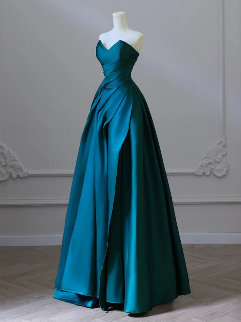 Buyishang A-Line Strapless Satin Peacock Blue Long Prom Dress Simple Peacock Blue Evening Dress