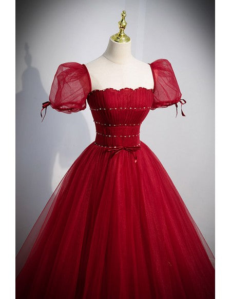 Flowy Burgundy Tulle Long Prom Dress with Square Neckline