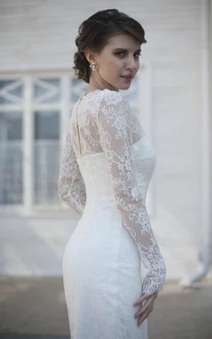Buyishang Gorgeous High-Neck Long Illusion Sleeve Mermaid Bridal Gown With Split Side