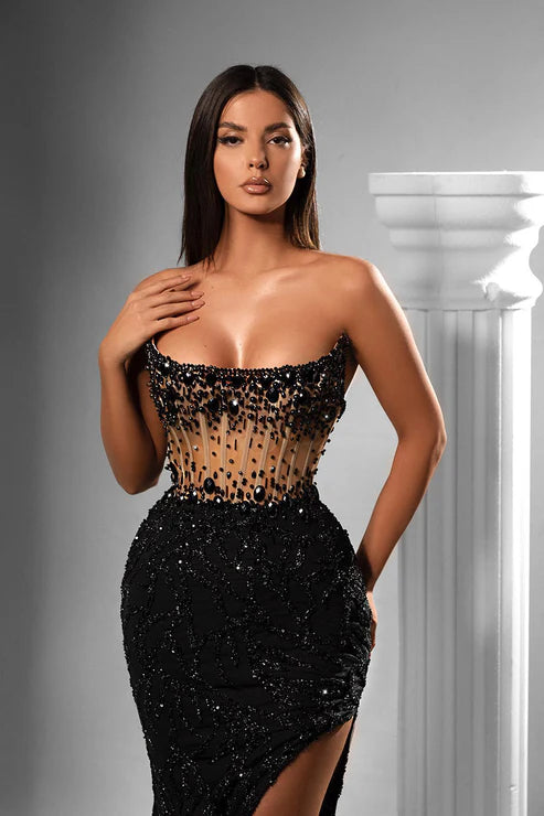 Sheath Strapless Beads Long Black Prom Forma Dress