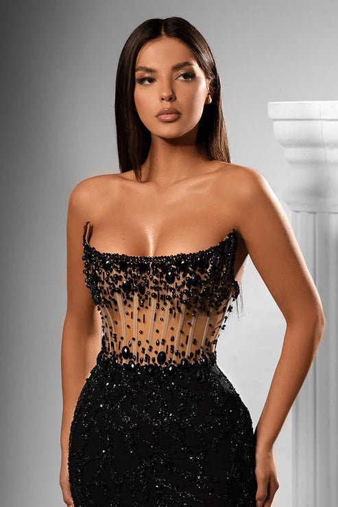Sheath Strapless Beads Long Black Prom Forma Dress