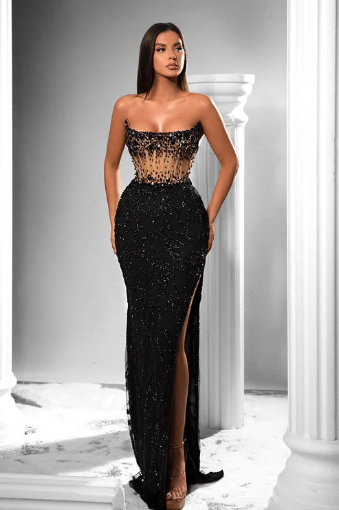Sheath Strapless Beads Long Black Prom Forma Dress